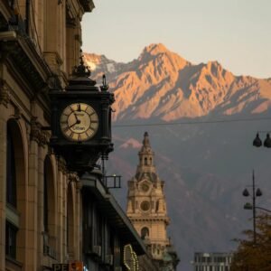 uma impressionante cena urbana de santiago do chile ao entardecer, com um grande relógio ao ar livre em um prédio histórico, enquanto as montanhas dos andes se destacam ao fundo sob uma luz dourada que evoca a atmosfera da "hora do chile".