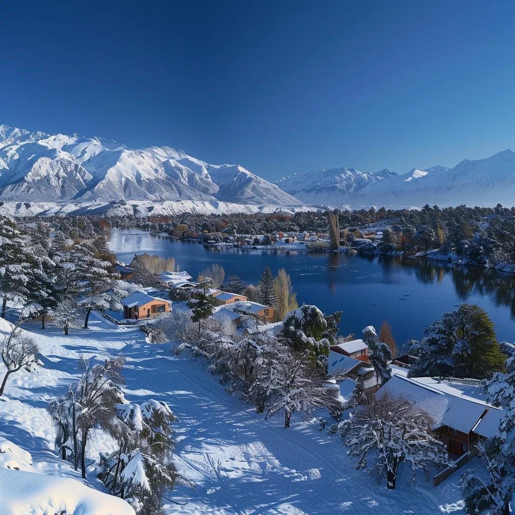 uma panorâmica inspiradora das montanhas chilenas em julho, revelando árvores cobertas de neve e telhados brancos, com um lago parcialmente congelado em primeiro plano, enquanto os andes nevados se erguem sob um céu azul claro, evocando a tranquilidade e a beleza do inverno chileno.