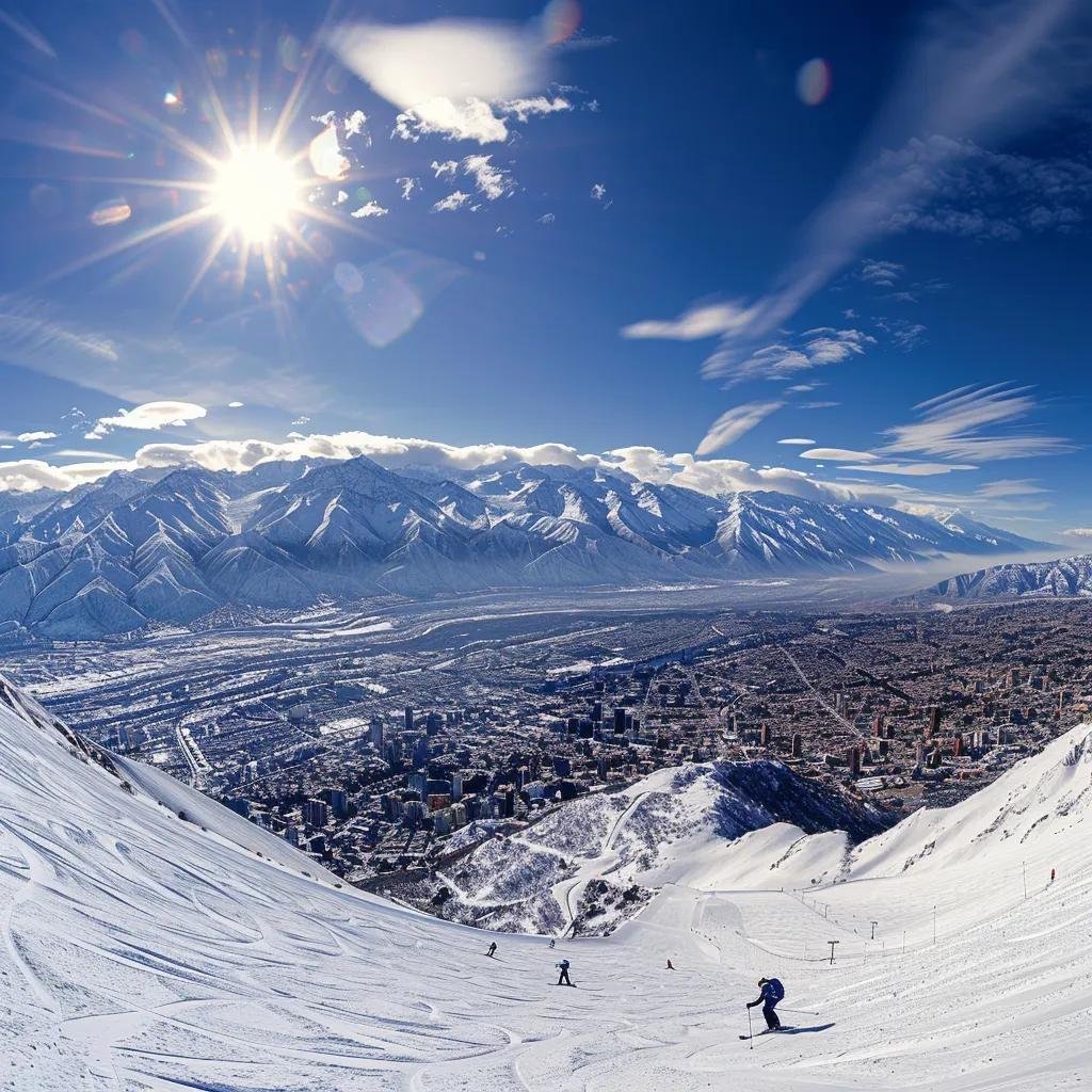 uma vista panorâmica dos majestosos andes chilenos em dezembro, retratando as encostas brancas cobertas de neve com esquiadores em ação, contrastando com a cidade ensolarada ao fundo onde moradores vestem roupas de verão, refletindo a diversidade climática do chile.