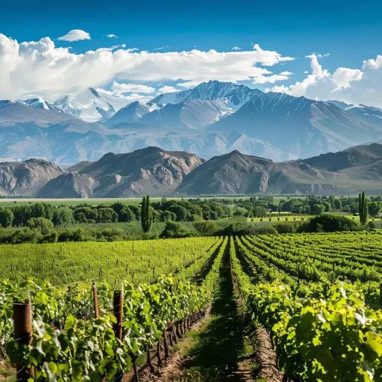 Paisagem deslumbrante das montanhas dos Andes e vinhedos na Argentina e no Chile, representando viagens e exploração