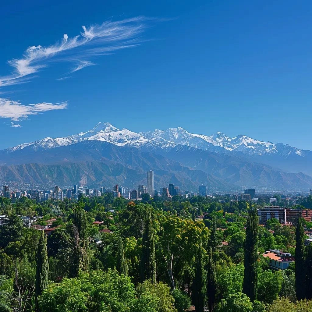 uma vista impressionante de santiago, chile, em um dia ensolarado, destacando a majestosa cordilheira dos andes sob um céu azul límpido, com árvores verdes e elementos urbanos sutis no primeiro plano, refletindo as características climáticas da cidade.