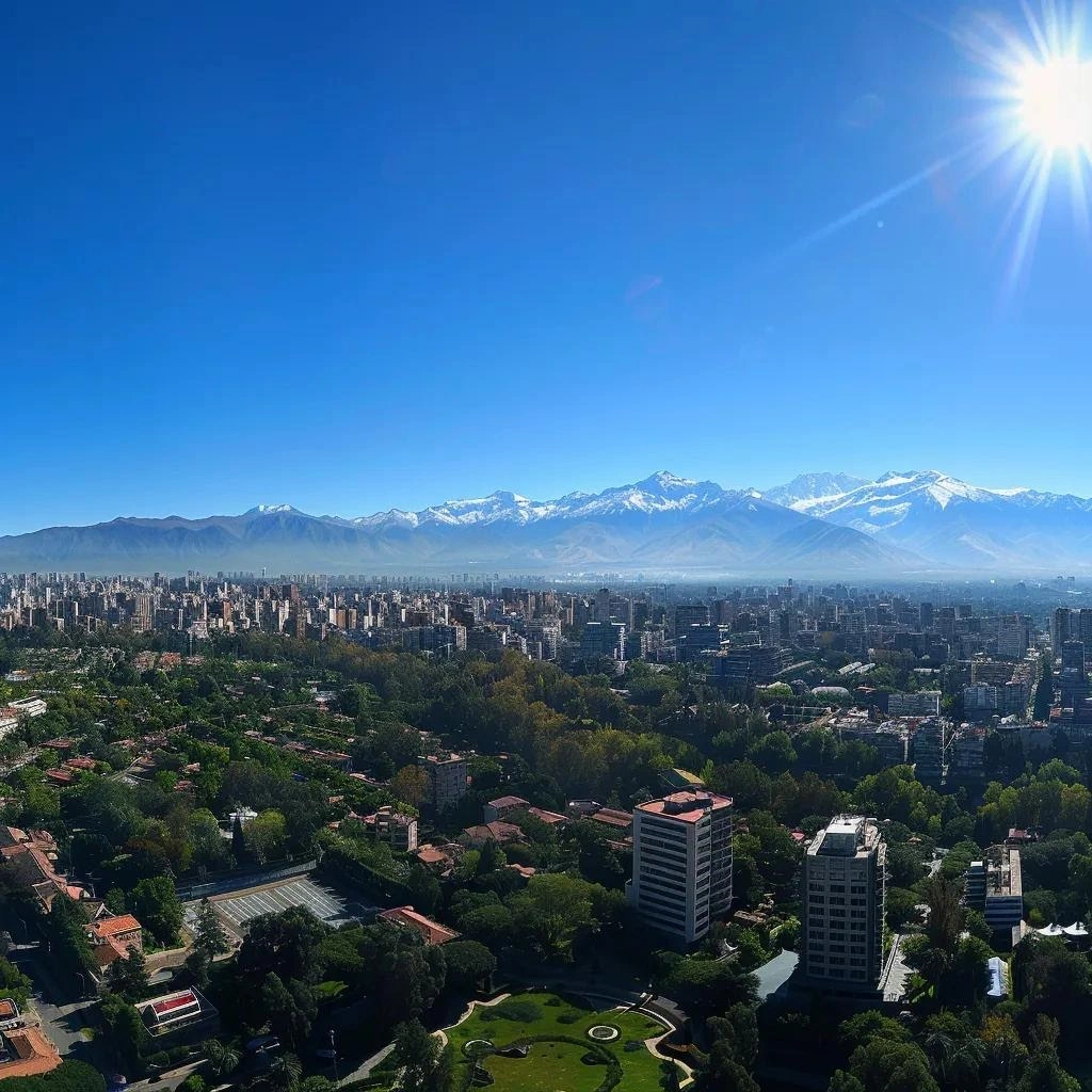 uma vista panorâmica do centro de santiago em dezembro, com céus azul claros e o imponente backdrop das montanhas dos andes, destacando o parque forestal e o cerro san cristóbal sob um sol radiante de verão.