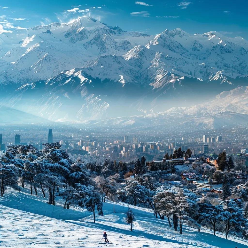 uma vista impressionante das montanhas dos andes no chile em dezembro, com o topo coberto de neve e esquiadores descendo pelas encostas, enquanto uma cidade vibrante e ensolarada se destaca ao fundo, refletindo a diversidade climática do país.