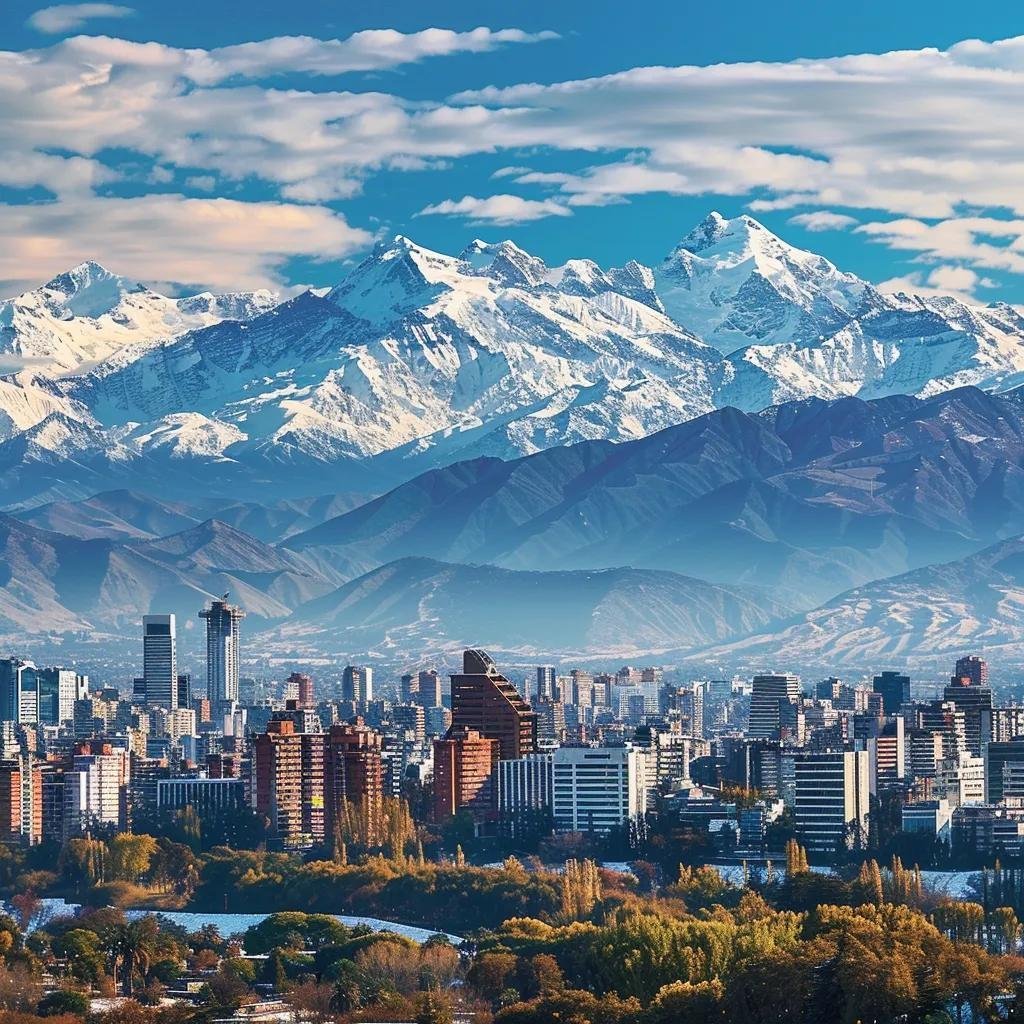 uma vista impressionante das montanhas andes no chile em dezembro, com a parte inferior da imagem exibindo uma cidade ensolarada e animada, enquanto o topo revela picos nevados, onde esquiadores se divertem, contrastando a diversidade climática do país.