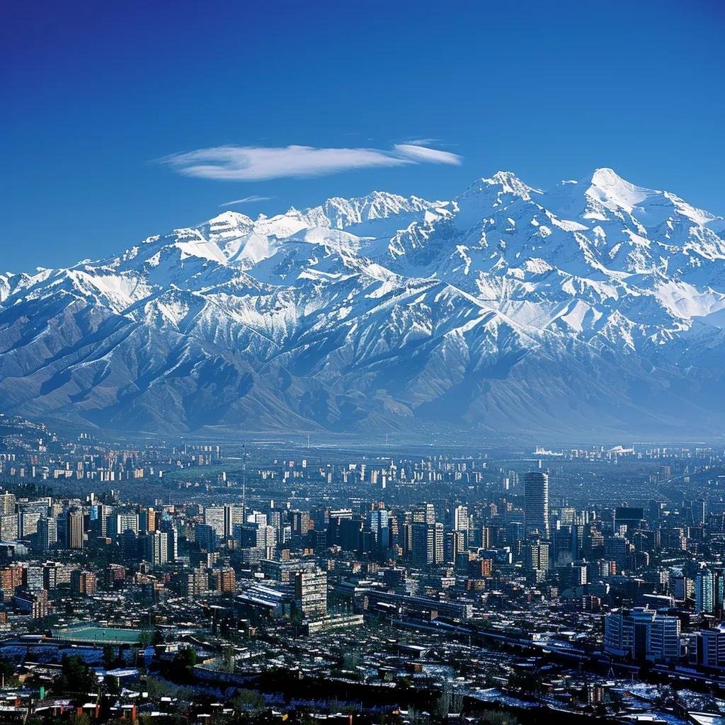 uma vista impressionante das montanhas dos andes no chile em dezembro, onde o contraste entre os picos cobertos de neve e a cidade ensolarada abaixo revela a diversidade climática, com esquiadores desfrutando a neve nas alturas enquanto os locais estão vestidos com roupas de verão na cidade vibrante.