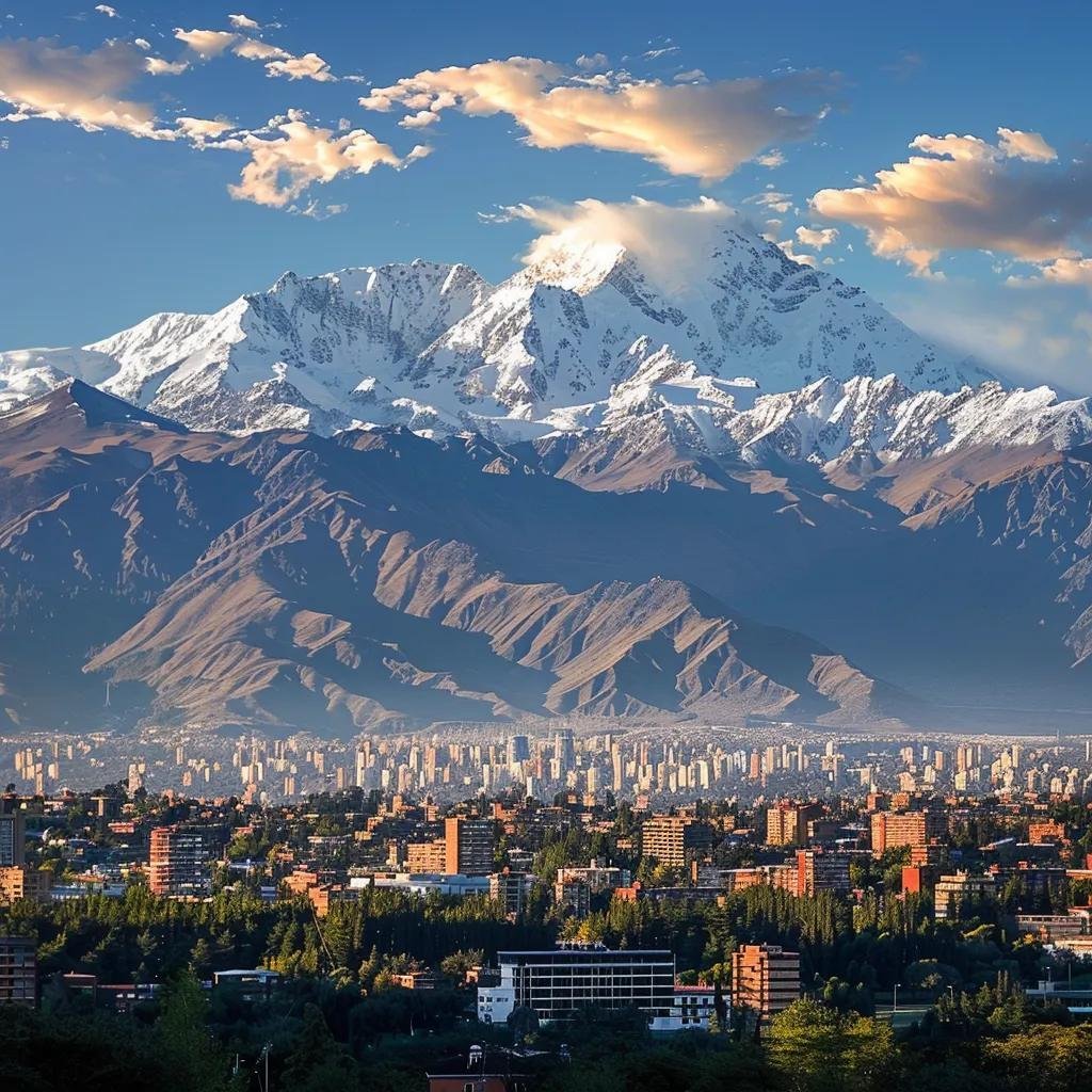 uma vista impressionante das montanhas andes no chile em dezembro, onde na parte inferior uma cidade ensolarada vibrante exibe pessoas vestindo roupas de verão, enquanto no topo, picos cobertos de neve se destacam com esquiadores descendo as encostas, capturando o contraste entre o inverno e o verão.