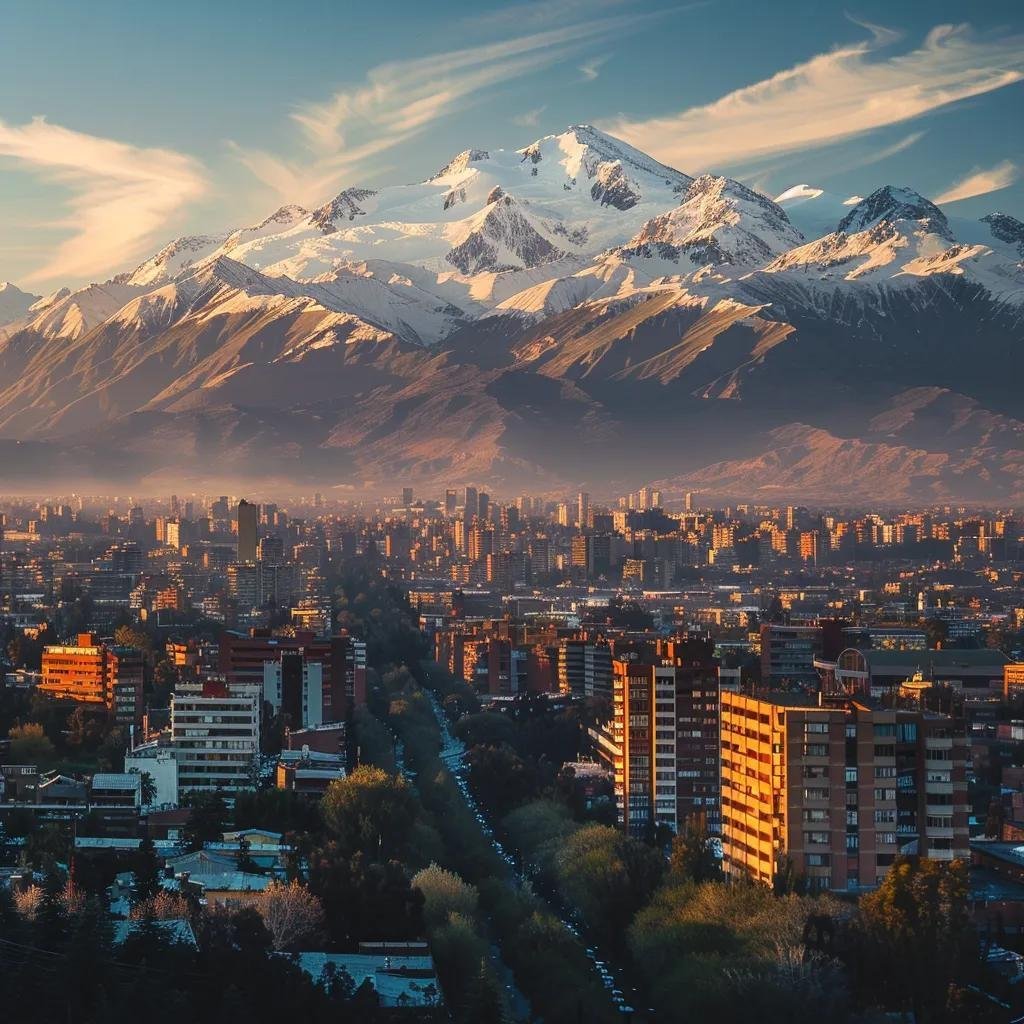 uma vista deslumbrante das montanhas andes no chile em dezembro, com picos cobertos de neve e esquiadores desfrutando das pistas de alta performance, enquanto abaixo, uma cidade luminosa e ensolarada exibe moradores vestindo roupas de verão, refletindo a diversidade climática do local.