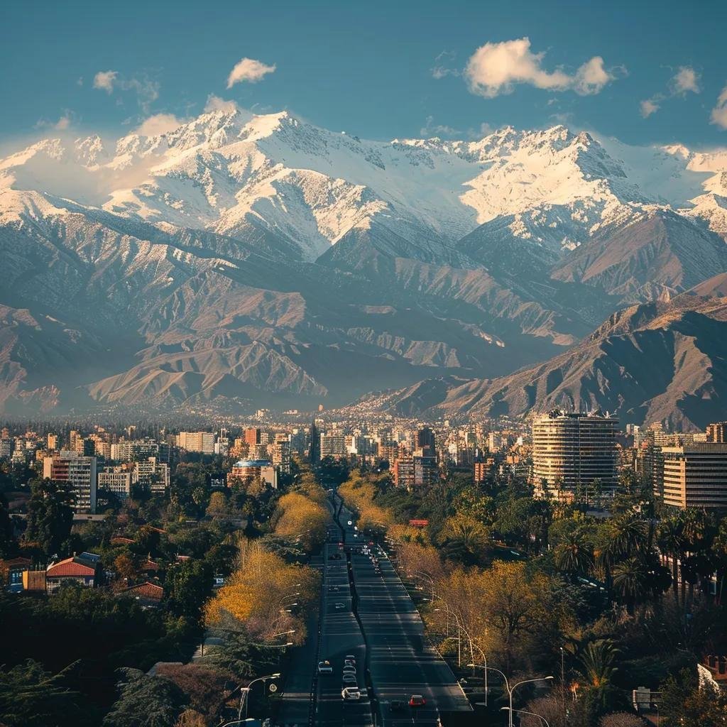 uma vista impressionante das montanhas dos andes no chile em dezembro, onde o topo coberto de neve contrasta com uma cidade ensolarada cheia de pessoas vestindo roupas de verão na base.