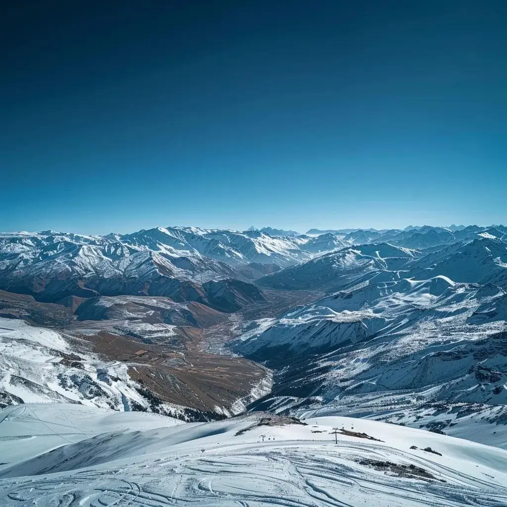 uma vista impressionante de valle nevado em novembro, com picos cobertos de neve dos andes sob um céu azul cristalino, destacando áreas de neve derretendo e encostas rochosas, sem pessoas, refletindo a transição suave do inverno para a primavera nas montanhas.
