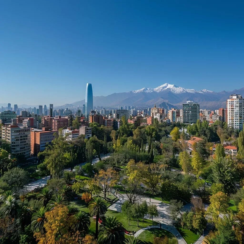 uma vista panorâmica vibrante do centro de santiago em dezembro, com céu azul claro e os andes ao fundo, destacando o cerro san cristóbal e o parque forestal sob a luz radiante de uma tarde ensolarada, sem a presença de pessoas.