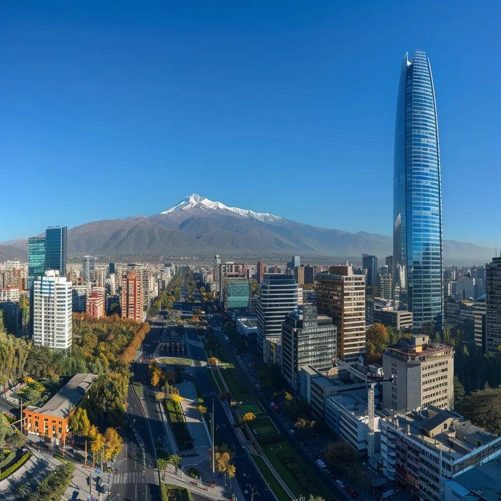 uma vista panorâmica do centro de santiago em dezembro, com céus azul claro e o imponente cerro san cristóbal ao fundo, destacando a arquitetura urbana moderna e detalhes vibrantes das ruas, tudo sob a luz quente de uma tarde ensolarada de verão.