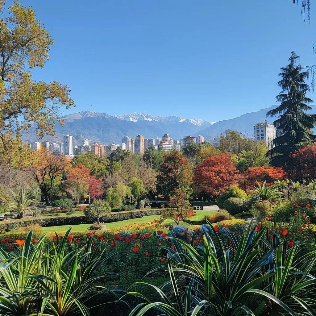 uma vista urbana de santiago em novembro, com céus azuis claros e montanhas dos andes ao fundo, destacando um parque sereno com flores coloridas e árvores frondosas, criando uma atmosfera vibrante e acolhedora.