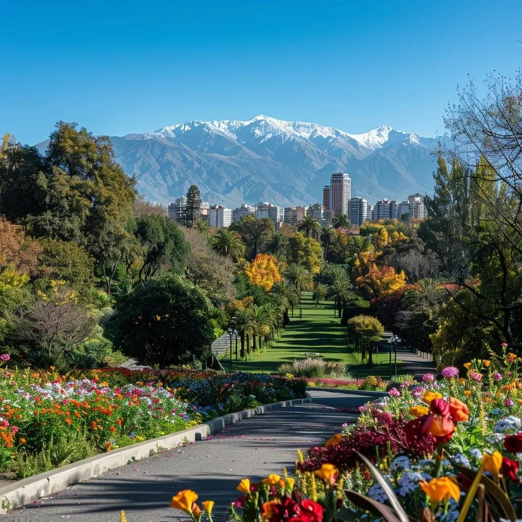 uma vista panorâmica de santiago em novembro, destacando uma rua urbana tranquila com flores coloridas em um parque e a imponente cordilheira dos andes ao fundo sob um céu azul claro.
