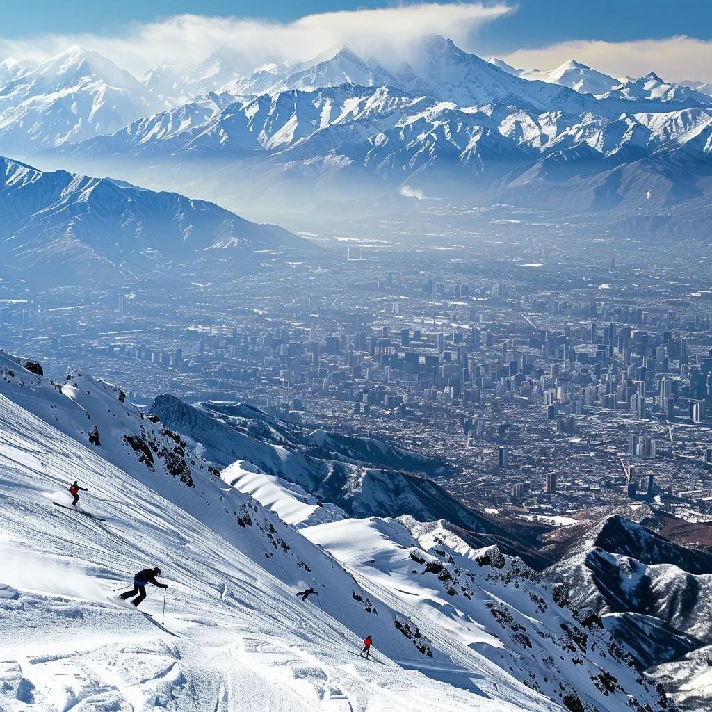 uma vista impressionante dos andes chilenos em dezembro, mostrando o contraste entre as montanhas cobertas de neve no topo e a cidade ensolarada e vibrante ao fundo, onde locais vestem roupas de verão enquanto esquiadores aproveitam as pistas na neve.