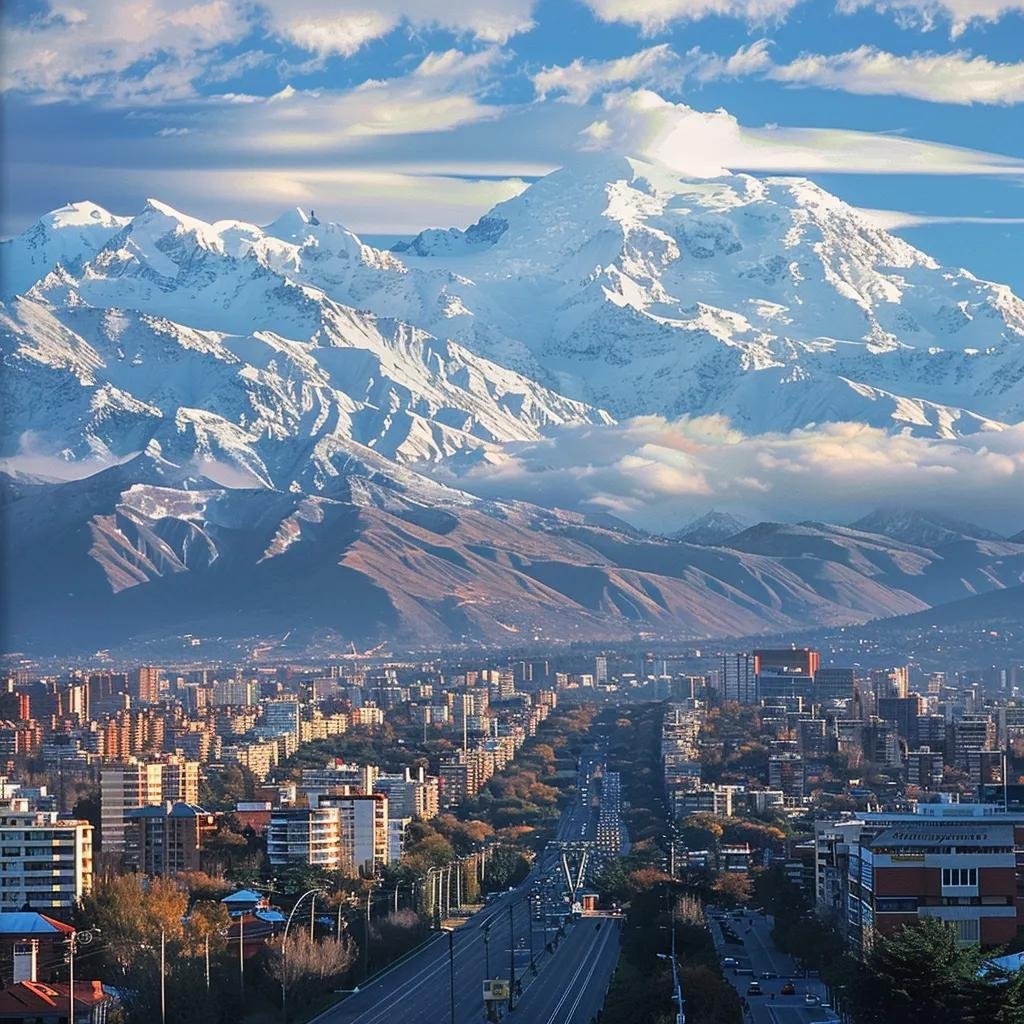 uma vista impressionante dos andes no chile em dezembro, onde a parte superior das montanhas está coberta de neve e esquiadores desfrutam das pistas, contrastando com a cidade ensolarada na base, onde moradores usam roupas de verão, refletindo a diversidade climática da região.
