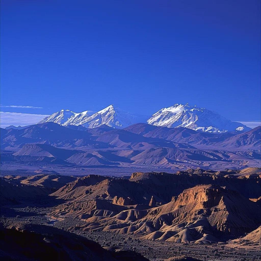 uma imagem impactante que retrata a diversidade climática do chile, com as montanhas nevadas dos andes ao fundo, um céu azul claro sobre os vales centrais e colinas áridas do deserto em primeiro plano, evidenciando as variações extremas de clima do norte ao sul do país.
