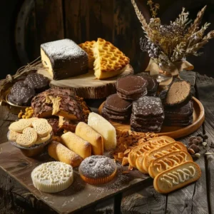 Variedade colorida de doces tradicionais chilenos, incluindo Alfajores e Torta Mil Hojas, em uma mesa de madeira