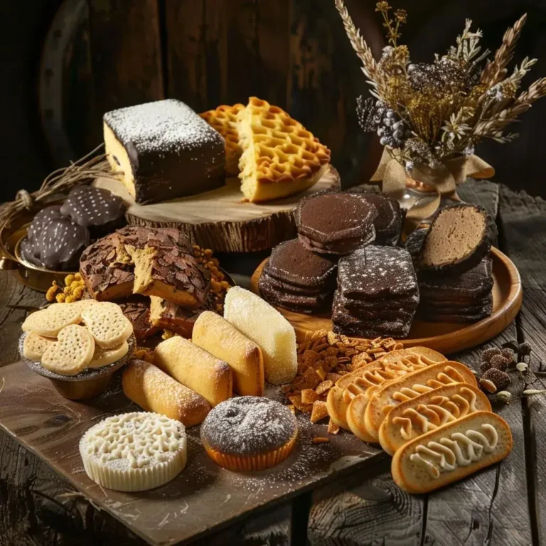 Variedade colorida de doces tradicionais chilenos, incluindo Alfajores e Torta Mil Hojas, em uma mesa de madeira
