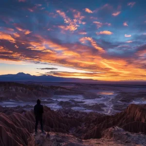 Pôr do sol deslumbrante sobre o Deserto do Atacama com a silhueta de um viajante, representando a aventura no Chile