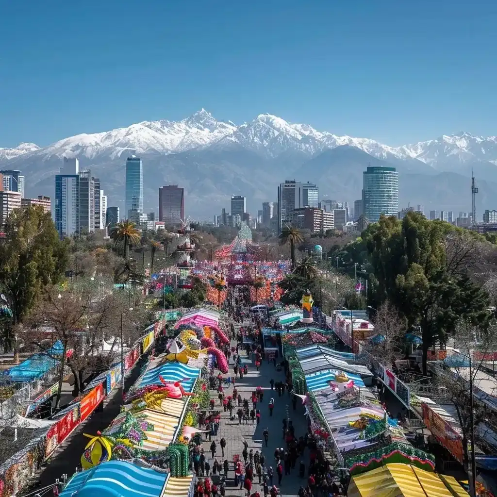 santiago brilha em dezembro com um vibrante festival urbano, destacando a arquitetura colorida da cidade sob um céu azul claro e a imponente cordilheira dos andes ao fundo, criando um ambiente festivo e acolhedor.