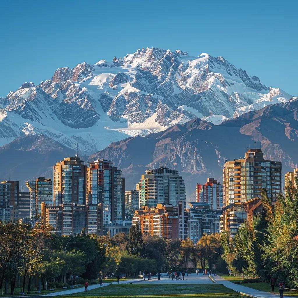 uma cena impressionante das montanhas dos andes no chile em dezembro, com picos nevados no topo contrastando com a agitação de uma cidade ensolarada abaixo, onde algumas pessoas esquiam nas encostas nevadas enquanto locais desfrutam de um dia de verão com roupas leves.