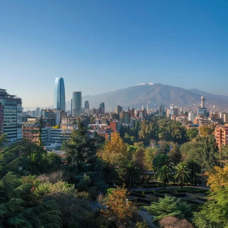 uma vista panorâmica vibrante do centro de santiago em dezembro, com céus azul claros e o imponente cerro san cristóbal ao fundo, juntamente com o parque forestal, tudo iluminado por uma radiante luz de tarde de verão.