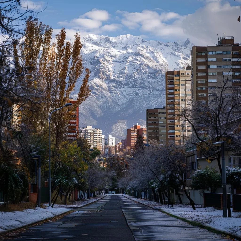 uma cena urbana de santiago em julho, com as montanhas cobertas de neve dos andes ao fundo sob um céu ligeiramente nublado, destacando ruas tranquilas e árvores secas em um parque, criando uma atmosfera calma e acolhedora no inverno chileno.