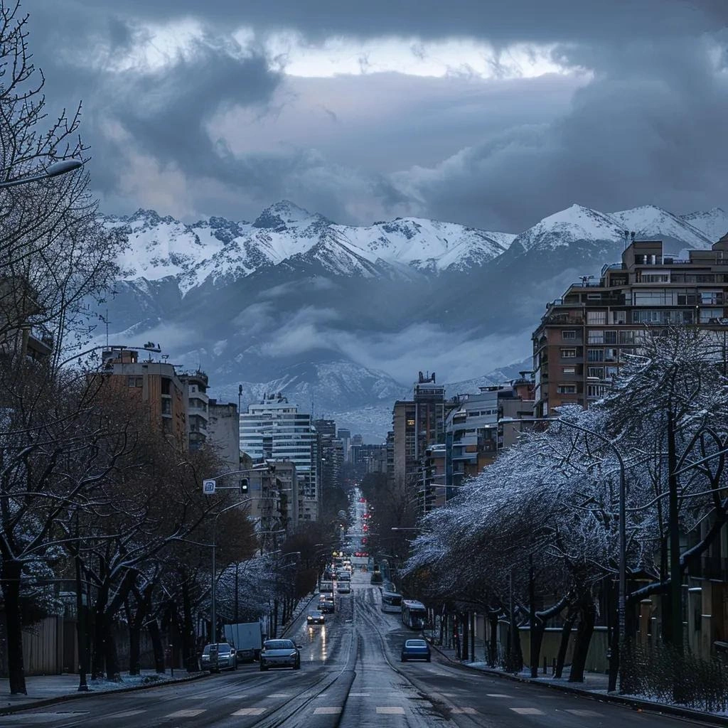 uma vista realista de santiago em junho, destacando a cidade sob um céu nublado e frio, com as montanhas dos andes cobertas de neve ao fundo e uma rua tranquila com árvores desfolhadas, capturando a essência serena do inverno urbano.