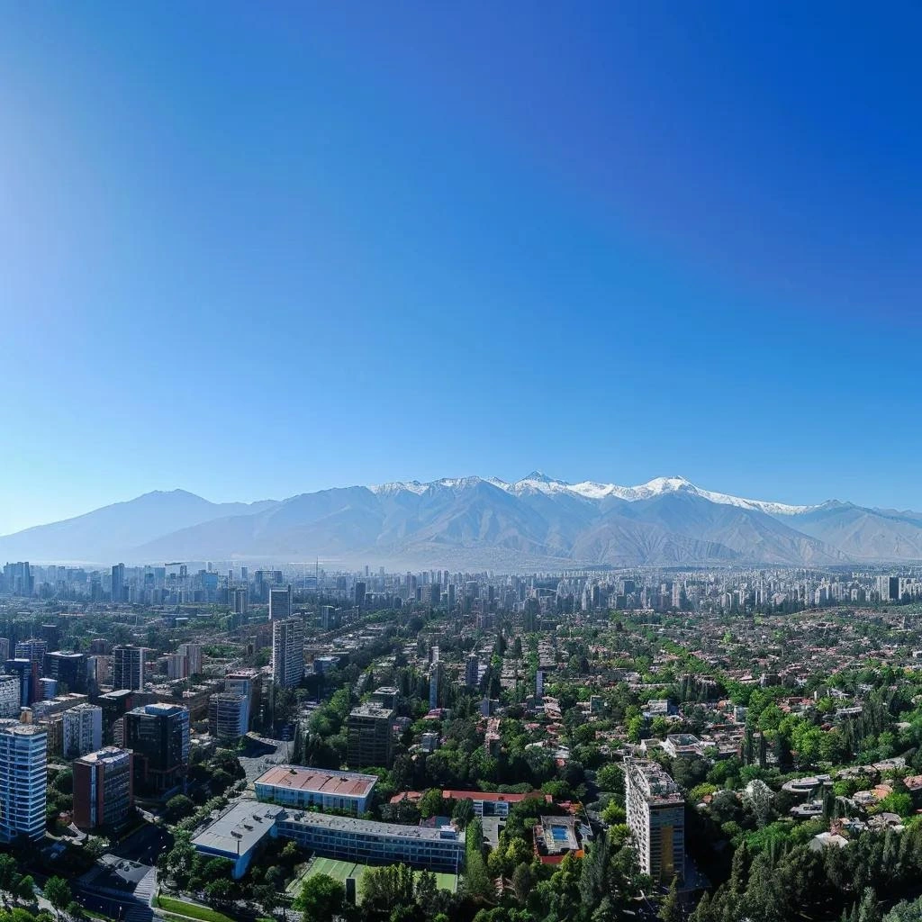 uma vista panorâmica impressionante de santiago, chile, sob um céu azul claro em um dia ensolarado de verão, com a imponente cordilheira dos andes ao fundo e elementos urbanos no primeiro plano, enfatizando a importância de estar atento aos alertas meteorológicos.