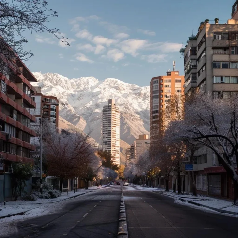 uma cena urbana de santiago em julho, com os majestosos andes cobertos de neve ao fundo, sob um céu frio e nublado, destacando ruas desertas e edifícios com árvores de inverno, capturando a atmosfera tranquila e gelada do inverno chileno.