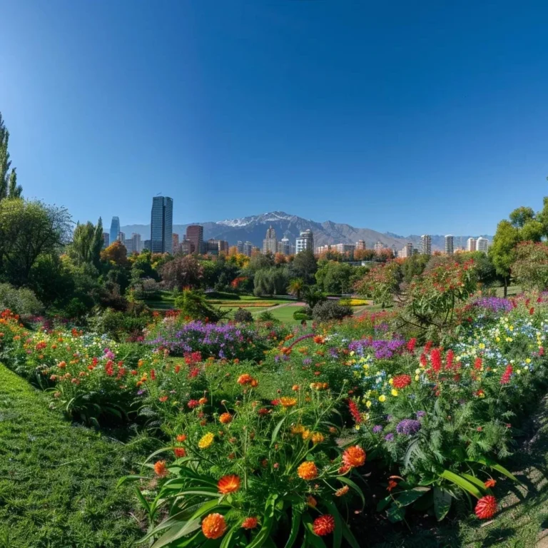 uma vista panorâmica vibrante de santiago, chile, em novembro, destacando um parque urbano sereno com flores em plena floração, sob um céu azul límpido e ao fundo os majestosos andes, transmitindo a essência animada da primavera na cidade.