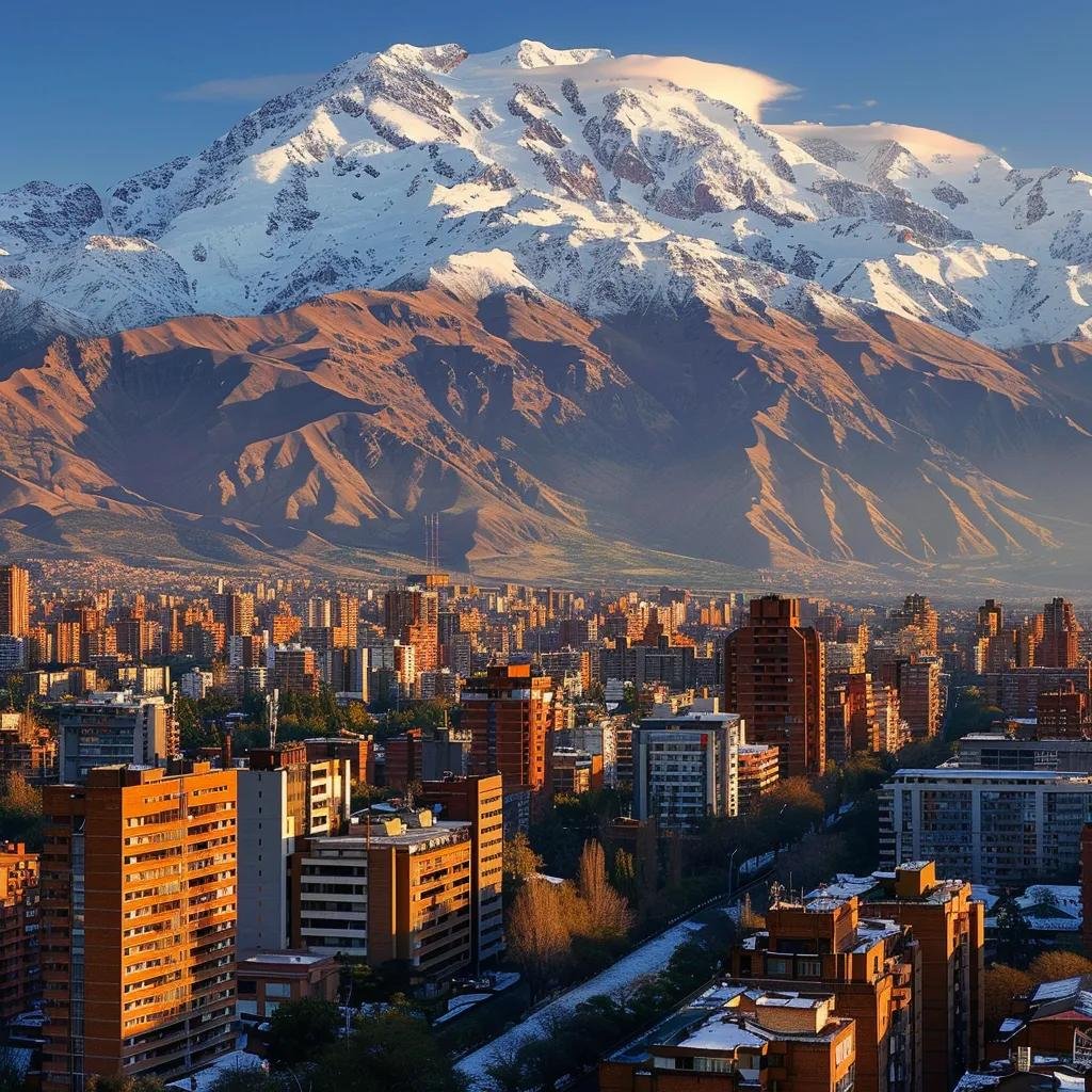 uma vista impressionante das montanhas dos andes no chile em dezembro, com picos cobertos de neve no topo e, na base, uma cidade ensolarada onde moradores estão vestidos para o verão, enquanto alguns esquiam nas encostas nevadas, evidenciando a diversidade climática do país.