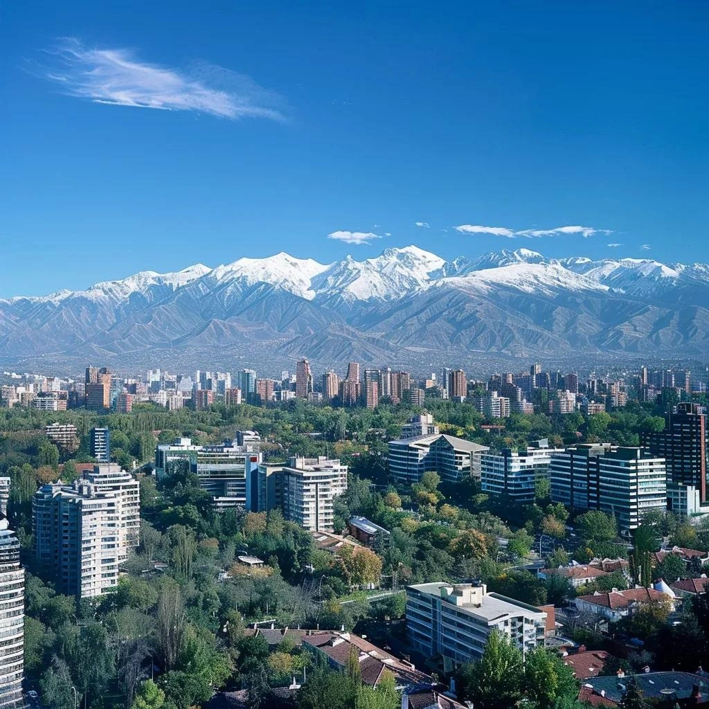 uma vista panorâmica de santiago, chile, em um dia ensolarado, com as imponentes montanhas dos andes ao fundo sob um céu azul, e um primeiro plano que mescla elementos urbanos com árvores de tons verde e marrom, refletindo a diversidade climática da cidade.