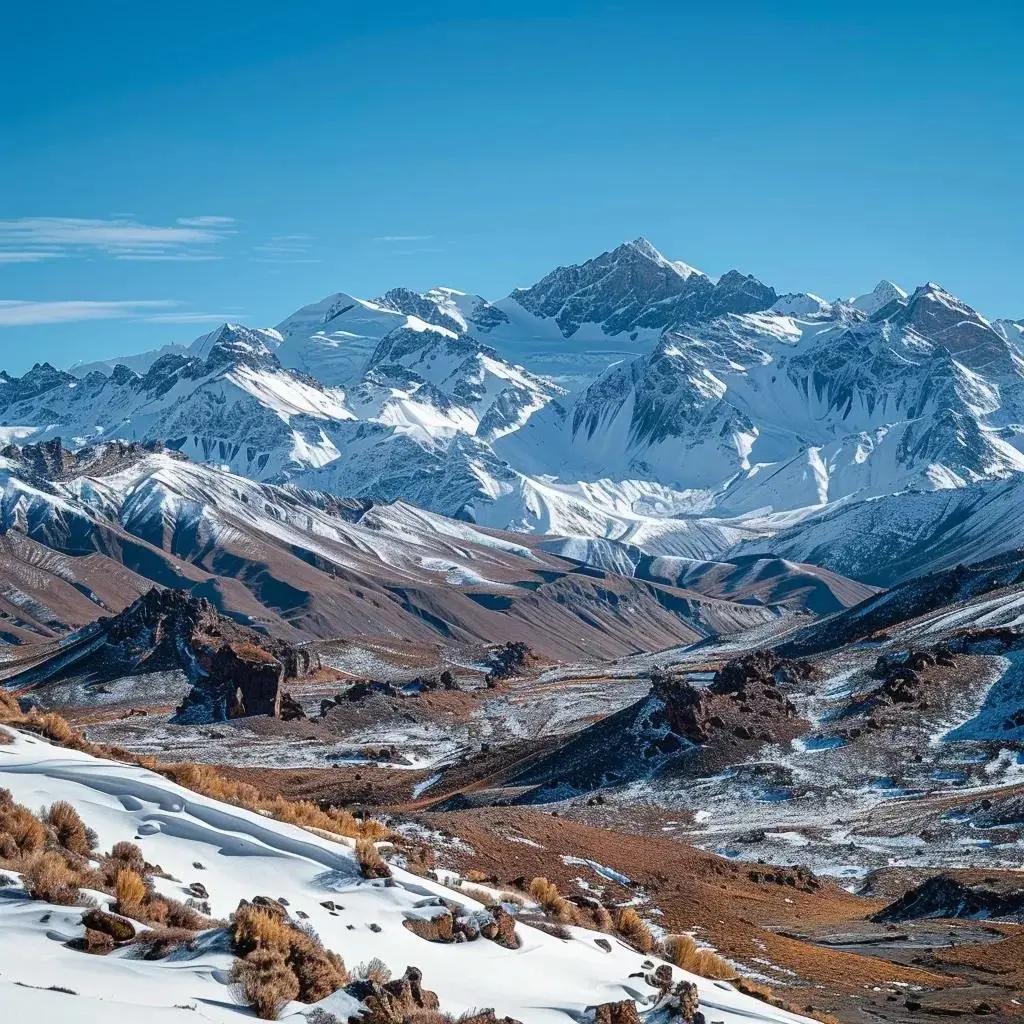 uma cena envolvente de valle nevado em novembro, destacando os picos cobertos de neve das montanhas dos andes sob um céu azul limpo, com áreas de neve derretendo e encostas rochosas, capturando a tranquilidade e a beleza do fim do inverno em um ambiente de montanha remoto.