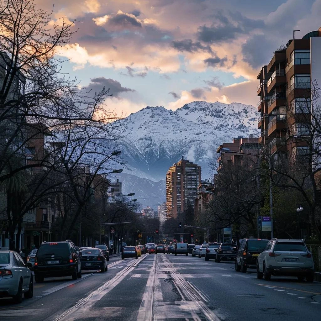 uma cena realista de santiago em junho, destacando uma rua urbana tranquila em primeiro plano, com o céu nublado e os imponentes andes cobertos de neve ao fundo, capturando a atmosfera fria e calma do inverno.
