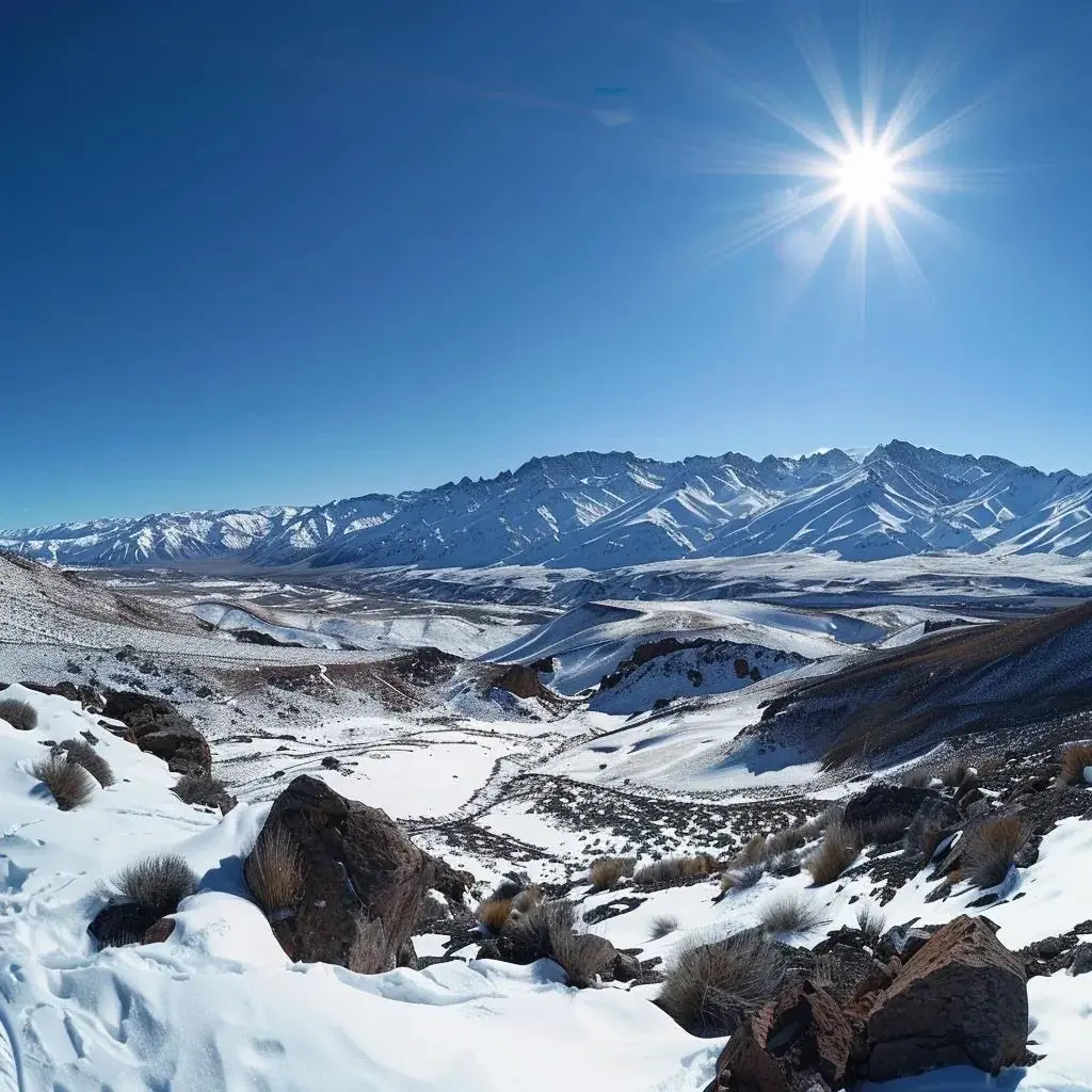 uma vista deslumbrante de valle nevado em novembro, capturando o contraste das majestosas montanhas dos andes cobertas de neve em áreas derretidas sob um céu azul claro, refletindo a tranquilidade e a beleza remota da estação de transição entre o inverno e a primavera.