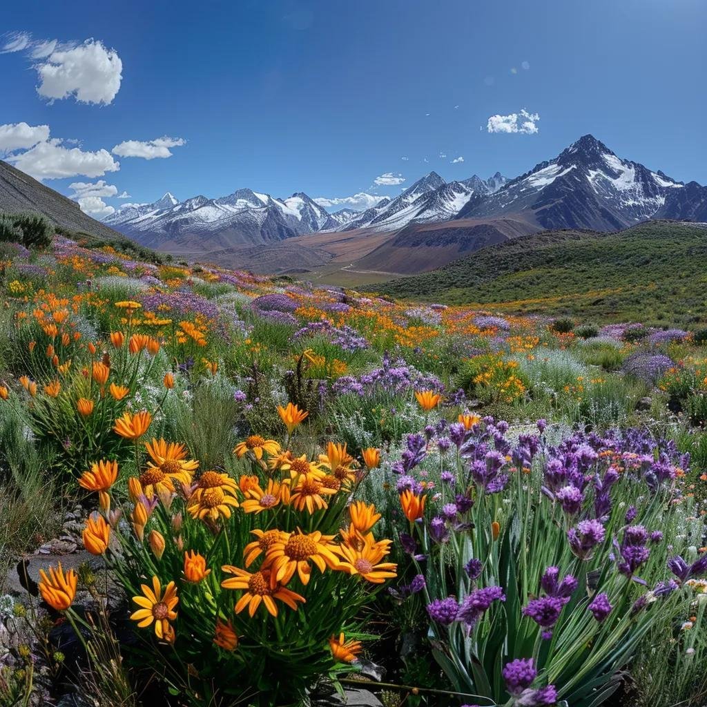 uma cativante vista panorâmica das vibrantes paisagens chilenas em novembro, destacando montanhas cobertas de neve ao fundo, vales repletos de flores nativas em flor e céus azul-claros, criando uma atmosfera inspiradora para viajantes.