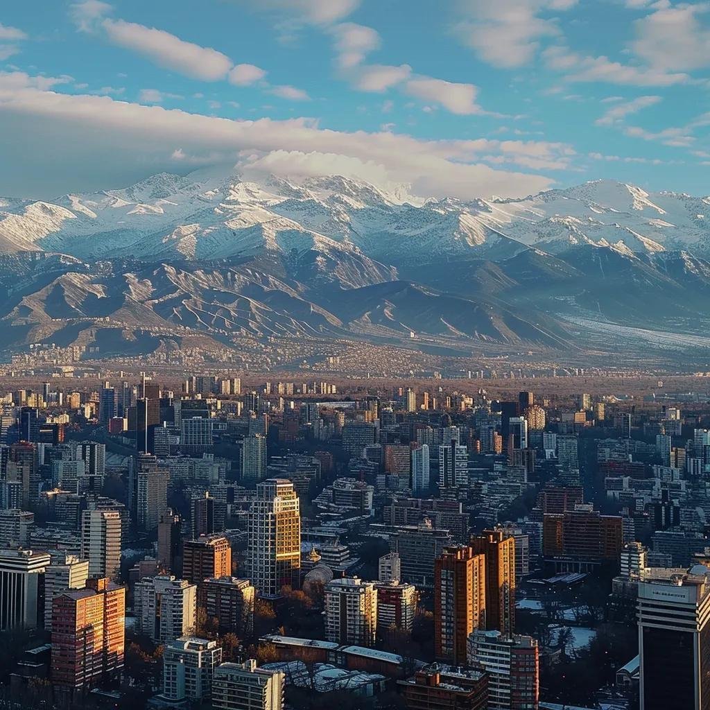 uma vista panorâmica impressionante de santiago, onde a arquitetura vibrante do centro histórico se mistura com os andes cobertos de neve ao fundo, capturando a diversidade climática e cultural da cidade, com locais desfrutando de atividades de verão enquanto outros praticam esqui nas montanhas.