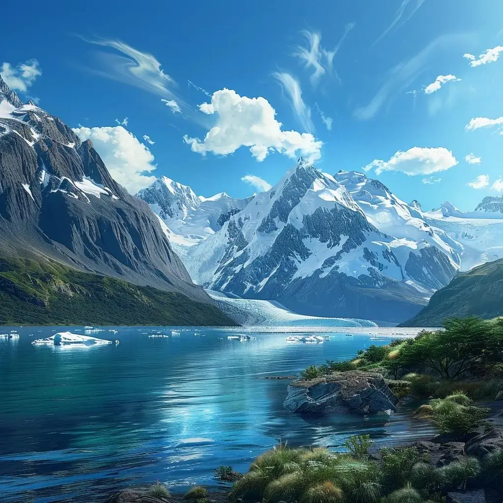 Vista deslumbrante da Patagônia Chilena com geleiras, lagos e montanhas