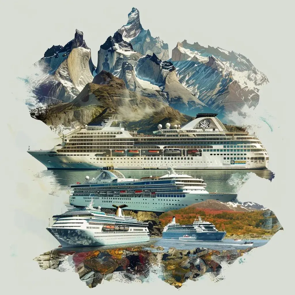 Colagem de navios de cruzeiro operando na Patagônia com paisagem cênica ao fundo