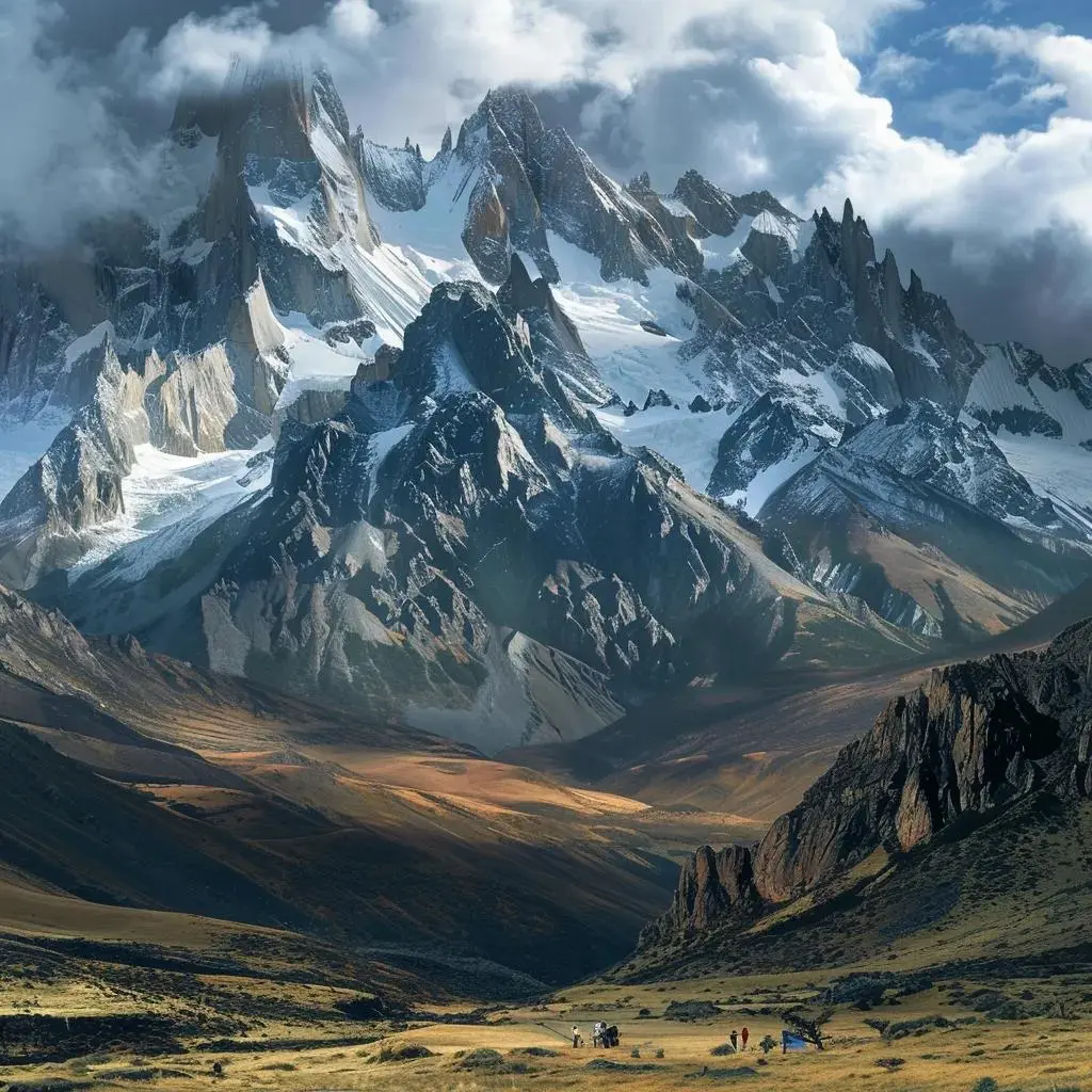 Majestosas montanhas dos Andes no Chile com picos nevados e caminhantes aventureiros