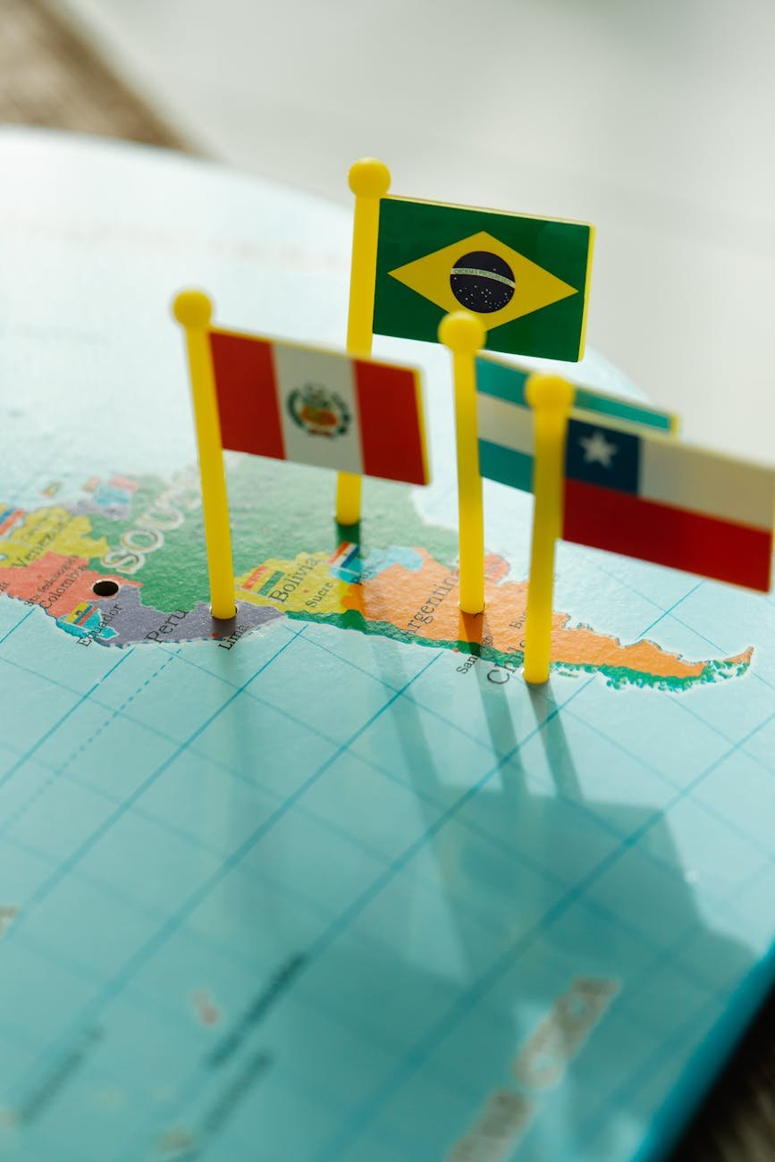 foto em close de uma bandeira de brinquedo fixada em um mapa