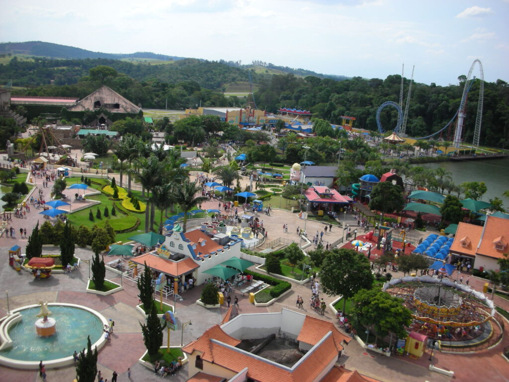vista panorâmica aérea do parque temático Hopi Hari mostrando montanha-russa e atrações.
