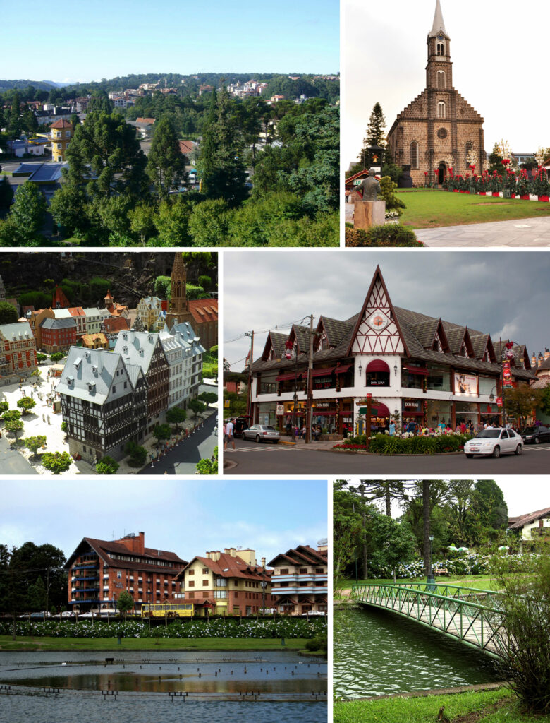  Colagem de fotos turísticas de Gramado (RS) exibindo arquitetura enxaimel, a Igreja de Pedra e parques, um destino de inverno para viagens culturais brasil.