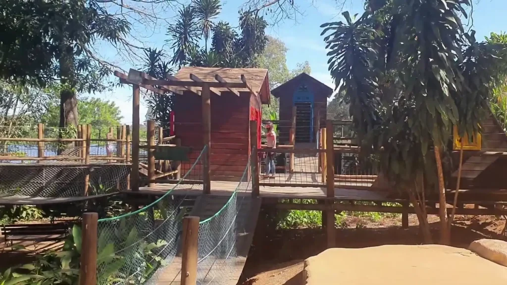 Casa na árvore de madeira com ponte pênsil e redes de proteção.
