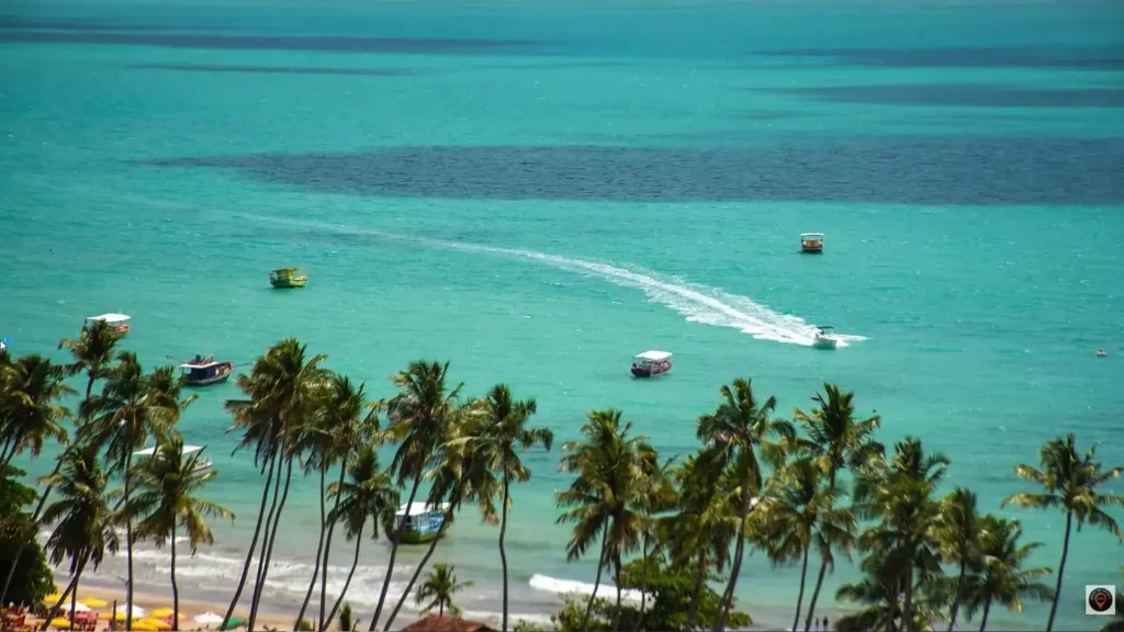 Lagoa tranquila cercada por gramado verde e coqueiros dentro da área do resort Pratagy.