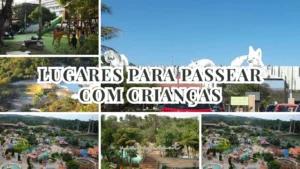 Colagem de fotos mostrando destinos turísticos variados como parques, praias e zoológicos com o texto "Lugares para Passear com Crianças".