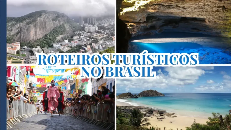 Capa do guia com colagem de fotos mostrando Rio de Janeiro, gruta na Chapada, carnaval de rua e praia no Nordeste, ilustrando os melhores roteiros turísticos no Brasil.