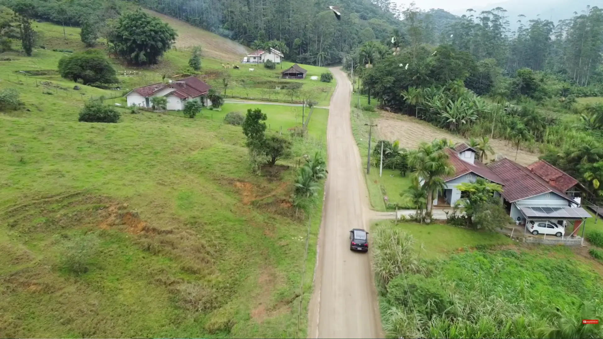 Carro percorrendo uma estrada de terra tranquila na zona rural de Pomerode, destaque arquitetônico da Serra Gaúcha, cercado por pastos verdes, colinas e pássaros voando.