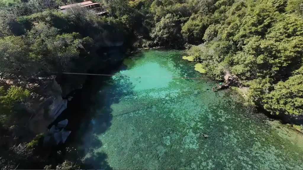 Vista aérea de uma piscina natural de águas verdes cristalinas cercada por árvores.